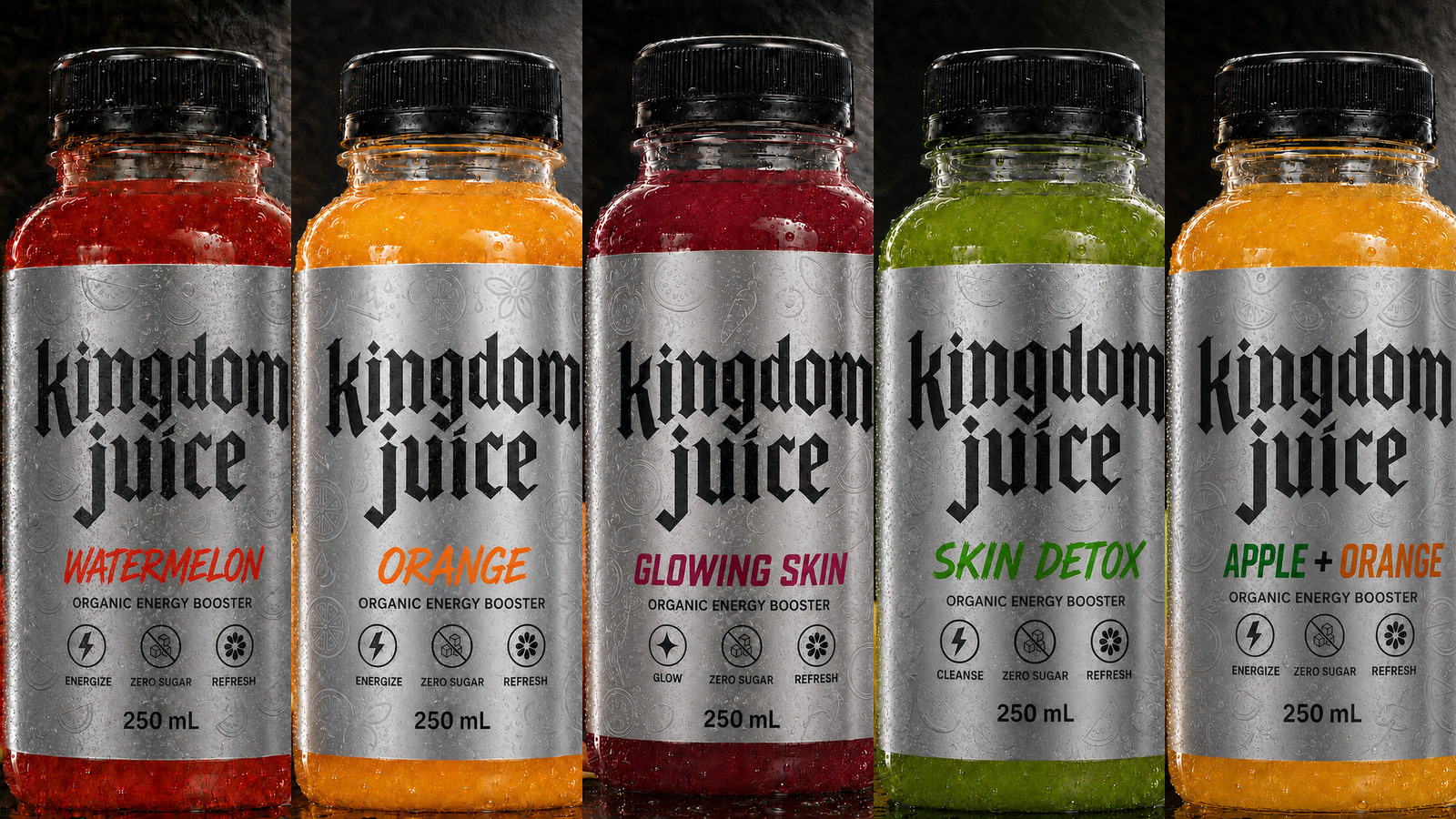 The five KINGDOM JUICE bottles